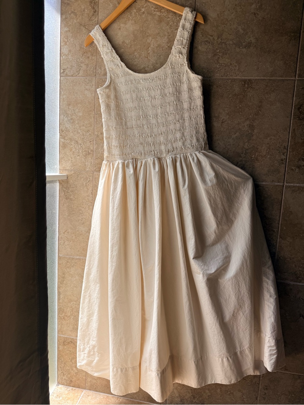 Smocked Cotton Midi Dress Ivory Pistola Alessia Drop Waist Full Skirt Pockets L